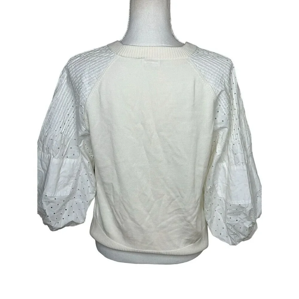 Akris Punto White Eyelet Puff Sleeves Virgin Wool Sweater Sz 2